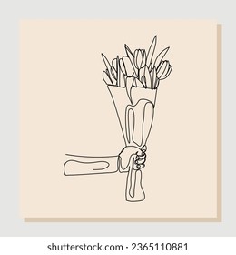 Continuous line drawing of a hand holding bouquet flower. Hand's woman with a flower isolated on white background. Give a sign of love for someone. Minimalism style. Vector sketch illustration