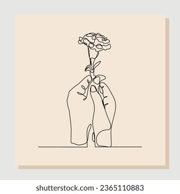 Continuous line drawing of a hand holding bouquet flower. Hand's woman with a flower isolated on white background. Give a sign of love for someone. Minimalism style. Vector sketch illustration