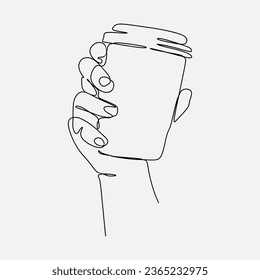 continuous line drawing of a hand holding coffee in a paper coffee cup. one single line. graphic design vector illustration.