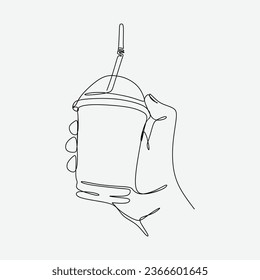 continuous line drawing of a hand holding drink in plastic cup. one single line. graphic design vector illustration.