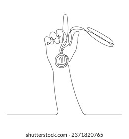 Continuous line drawing hand holding medals. vector illustration.