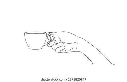 Continuous line drawing hand holding cup of hot coffee or tea. vector illustration.