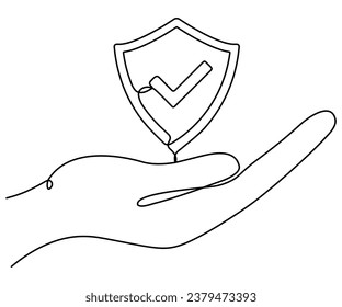 Continuous line drawing of hand holding shield badge. Approval check guard symbol. Vector illustration isolated on white.