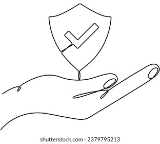 Dibujo continuo de la línea de la placa de protección de la mano. Símbolo de protección de comprobación de aprobación. Ilustración vectorial aislada en blanco.