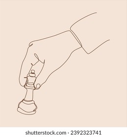 continuous line drawing of hand holding and moving chess piece. play chess. editable stroke. vector illustration.