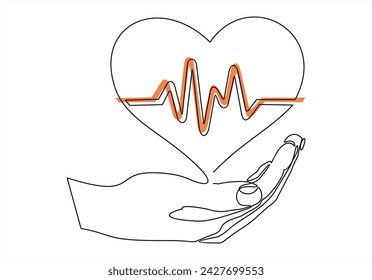 continuous line drawing hand holding heart with pulse illustration icon isolated	