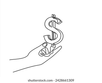Continuous line drawing of hand holding a dollar sign.