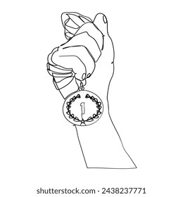 Mano sosteniendo la medalla. Icono de vector número uno mejor recompensa.