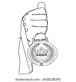Continuous line drawing hand holding medal. Illustration icon vector