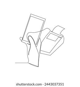 continuous line drawing of hand holding mobile phone with credit card reader. contactless payment technology for business and payment illustration design