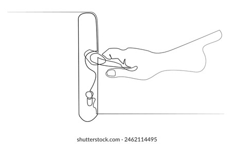 continuous line drawing of a hand holding a door handle. line drawing of the concept of opening a door, closing a door. line vector illustration