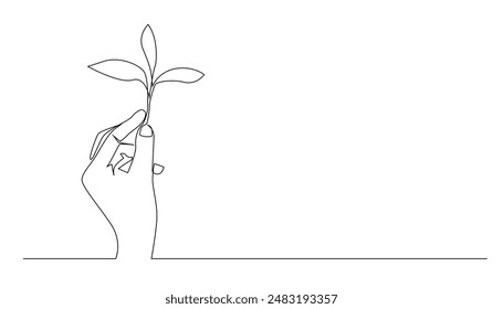 continuous line drawing of hand holding a leaf.single line drawing of earth greening.single line go green.isolated white background