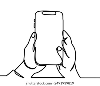 Continuous line drawing  hand holding mobile Modern Technology Concepts. Simple linear style. Vector ilustration