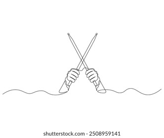 Continuous line drawing of hand holding drum sticks. Single line illustration of hand hold drum sticks. National drumming day concept. Editable outline
