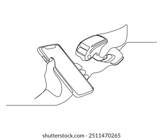 continuous line drawing of a hand holding a smartphone, with a POS infrared scanner aimed at the screen to scan a QR code for contactless payment.  modernity of the transaction technology