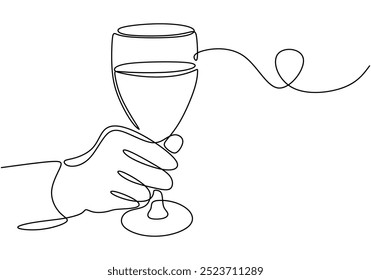 Durchgehende Linienzeichnung einer Hand, die ein Wasserglas hält. Eine minimalistische Darstellung gesunden Trinkens. Vektorgrafik.