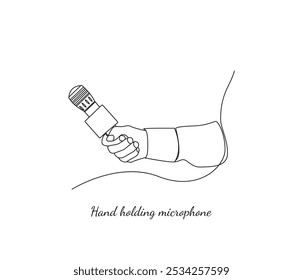 Continuous line drawing of hand holding microphone.