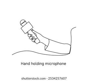 Continuous line drawing of hand holding microphone.
