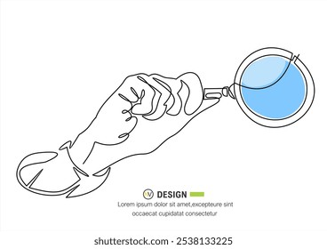 Continuous line drawing of hand holding magnifying glass . Vector illustration