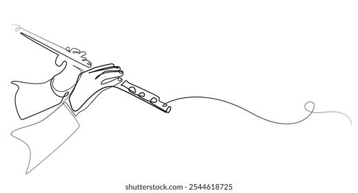 continuous line drawing of hand holding flute.one line drawing of orchestra flute player.single line vector illustration of orchestral music performance.isolated white background