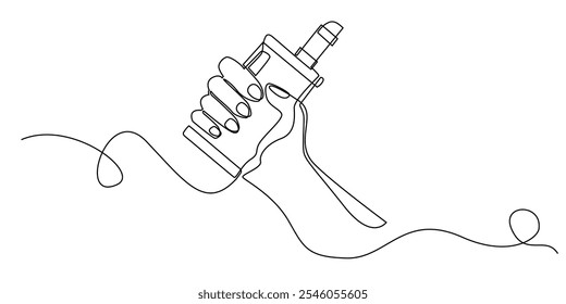 durchgehende Linie Zeichnung der Hand, die eine E-Zigarette hält.einzeilige Zeichnung der verdampfenden E-Zigarette.minimalistische Linie modernes Rauchgerät.einzeilige Vektorgrafik