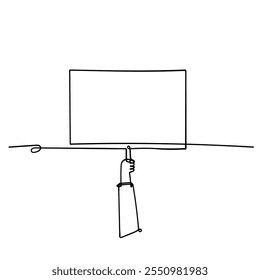 continuous line drawing hand holding blank banner placard