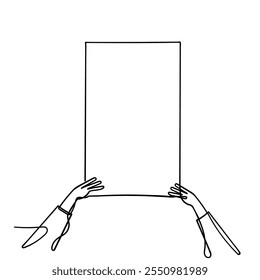 continuous line drawing hand holding blank banner placard