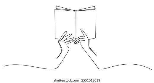 Dibujo de línea continuo de una mano que sostiene un libro. Dibujo de una línea de lectura de un libro para la educación. Leer un libro, estudiar, leer una novela. Ilustración vectorial de una sola línea. Fondo blanco aislado