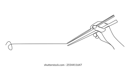 continuous line drawing of a hand holding wooden chopsticks.one line drawing of a hand with chopsticks preparing to take food.single line vector illustration.isolated white background