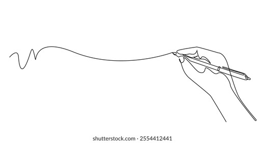 continuous line drawing of a hand holding a pen.one line drawing of a hand making free lines with a pen.single line vector illustration art and education concept.isolated white background