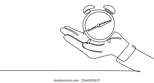 Continuous line drawing of a hand holding a clock. Depicting the passage of time, mindfulness, and the fleeting nature of life. Vector illustration one line art minimalist.