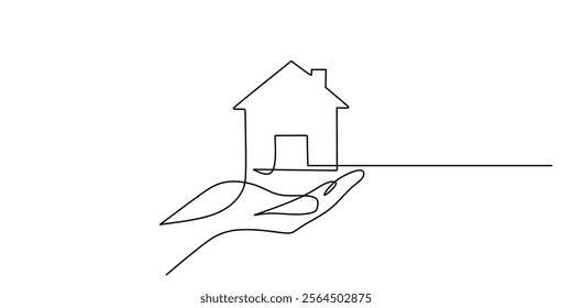 Continuous line drawing of a hand holding a small house. Representing shelter, foundation, and the safety of a home. Vector illustration one line art minimalist.