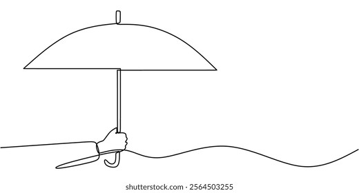 Continuous line drawing of a hand holding an umbrella with falling rain. Representing shielding, perseverance, and finding peace in adversity. Vector illustration one line art minimalist.