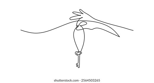 Continuous line drawing of a hand holding a key. Depicting power, control, and the unlocking of new opportunities. Vector illustration one line art minimalist.