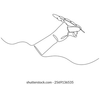 Continuous line drawing of hand holding feather pen. Single line illustration of quill pen. Writting, education concept. Editable outline
