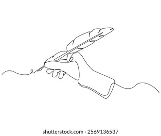 Continuous line drawing of hand holding feather pen. Single line illustration of quill pen. Writting, education concept. Editable outline
