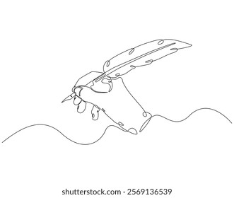 Continuous line drawing of hand holding feather pen. Single line illustration of quill pen. Writting, education concept. Editable outline
