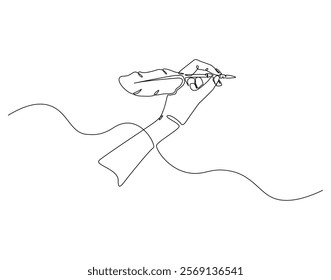 Continuous line drawing of hand holding feather pen. Single line illustration of quill pen. Writting, education concept. Editable outline
