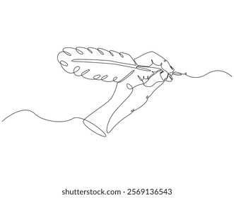 Continuous line drawing of hand holding feather pen. Single line illustration of quill pen. Writting, education concept. Editable outline
