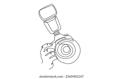 continuous line drawing of hand holding photo camera