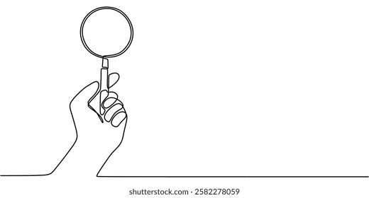 Continuous line drawing of Hand holding a magnifying glass. Representing analysis and observation. Vector illustration hand drawn.