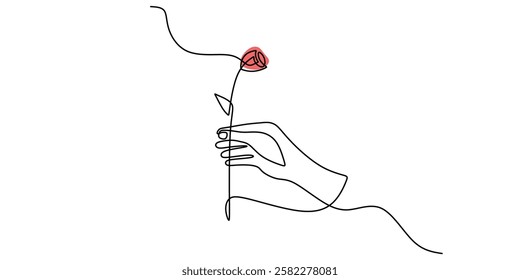 Continuous line drawing of Hand holding a flower. Symbol of peace and respect. Vector illustration hand drawn.