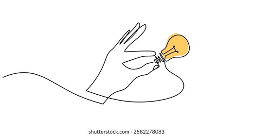 Continuous line drawing of Hand holding a light bulb. Representing idea and innovation. Vector illustration hand drawn.