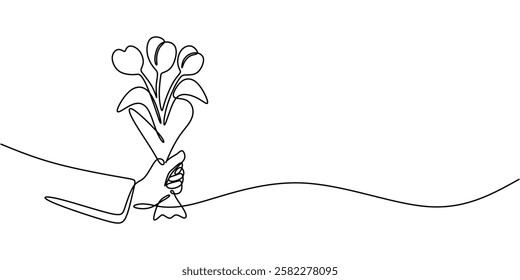 Continuous line drawing of Hand holding a flower. Symbol of peace and respect. Vector illustration hand drawn.