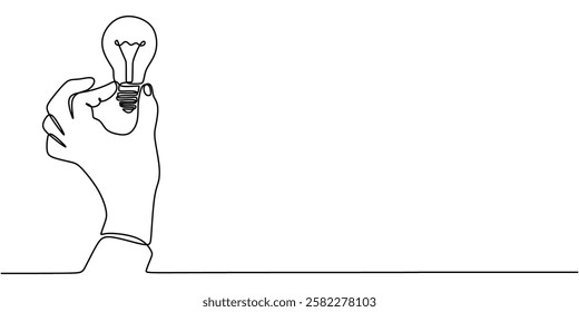 Continuous line drawing of Hand holding a light bulb. Representing idea and innovation. Vector illustration hand drawn.