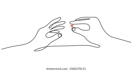 Continuous line drawing of Hand holding a heart. Symbol of affection and giving. Vector illustration hand drawn.