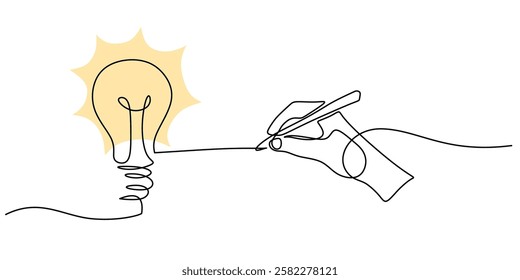 Continuous line drawing of Hand holding a pen with light bulb. Symbol of creativity and writing. Vector illustration hand drawn.