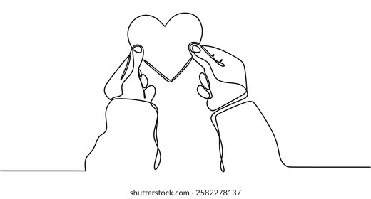 Continuous line drawing of Hand holding a heart. Symbol of affection and giving. Vector illustration hand drawn.