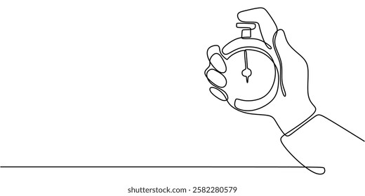 Continuous line drawing of a hand holding a stopwatch. Represents timing, sports events, and performance tracking. Vector illustration hand drawn.