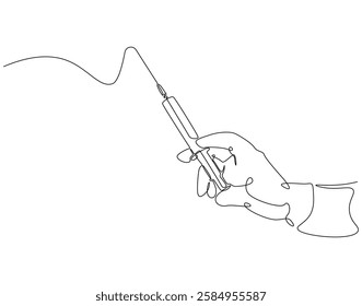 Continuous line drawing of hand holding syringe for vaccine. Single line illustration of medical syringe hold by hand. Healthcare and medical concept. Editable outline
